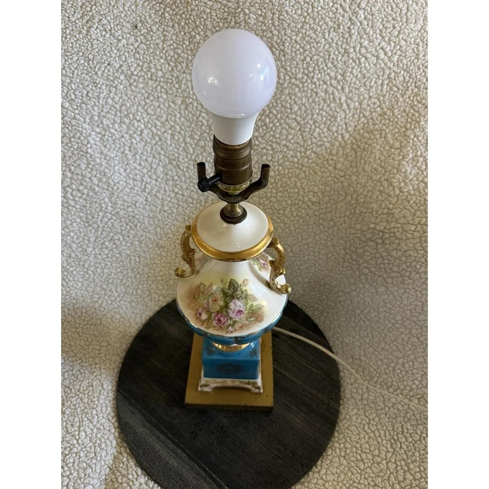 Vtg French Sevres Style Porcelain Urn Lamp Blue Floral Gold Signed Antique Decor